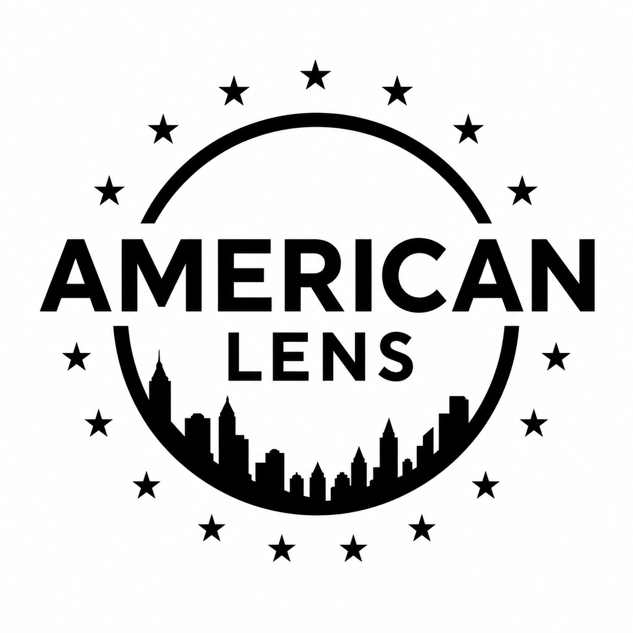 Logo for American Lens: circular emblem with a city skyline inside, stars around the border, and bold 'AMERICAN LENS' text on white background.