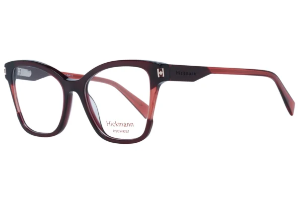Burgundy rectangular Hickmann eyeglasses frame with a dark front and lighter red temples, brand visible on temple