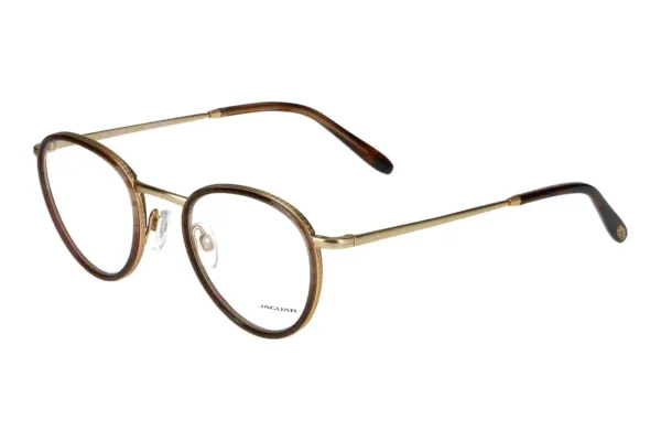 Brown round-frame eyeglasses with gold-tone metal temples and clear nose pads (Jaguar brand).