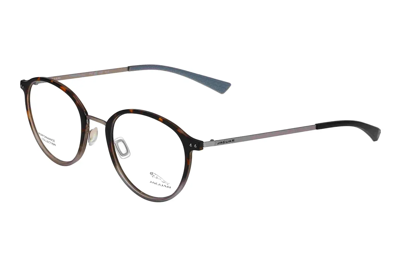 Tortoiseshell round eyeglasses with metal temples by Jaguar, adjustable nose pads, for prescription use