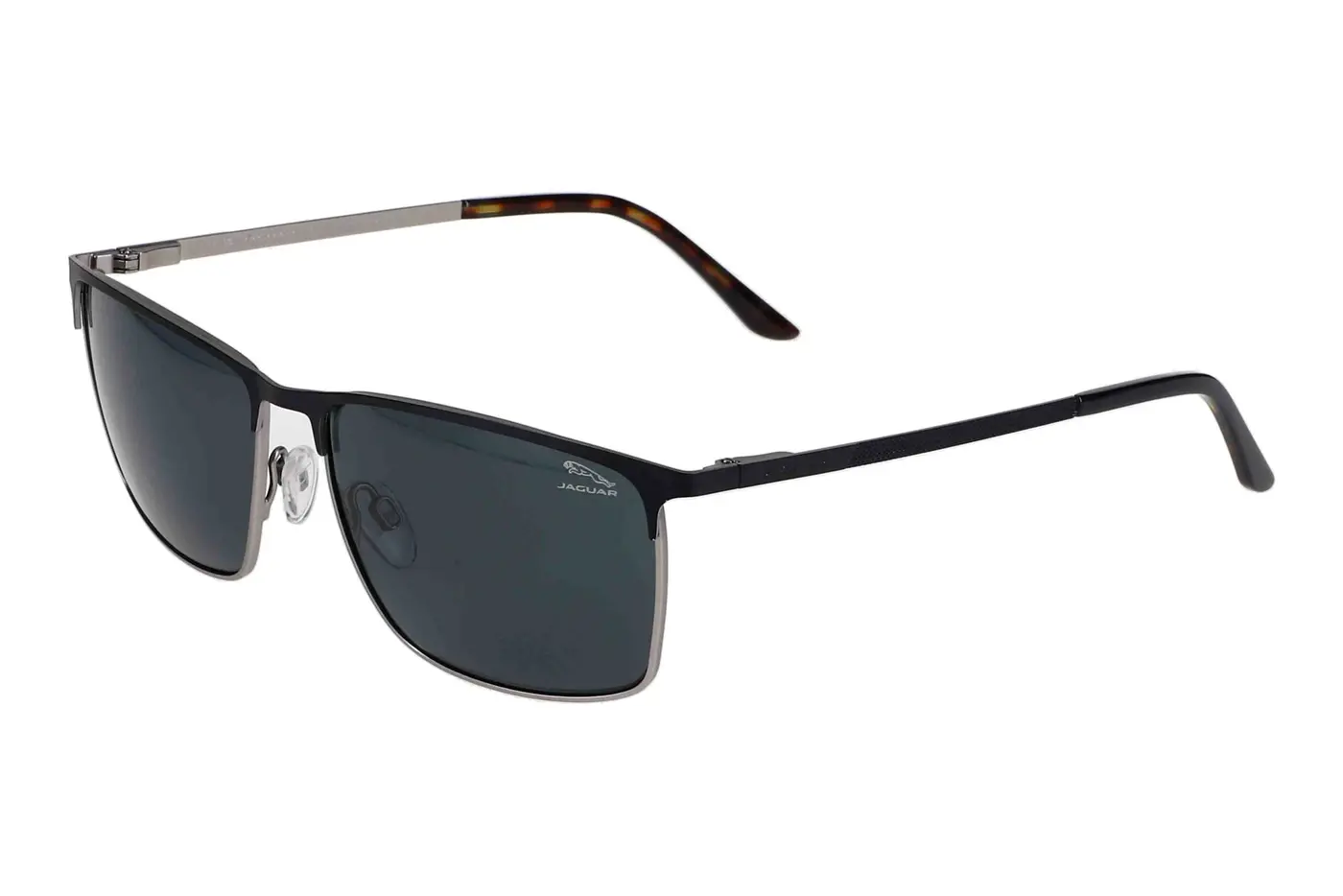 Black metal-frame sunglasses with dark lenses and tortoiseshell temples, Jaguar branding on the lens surface.