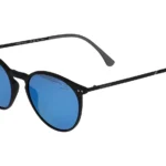 Black-framed sunglasses with blue mirrored lenses and Jaguar branding on the temples.