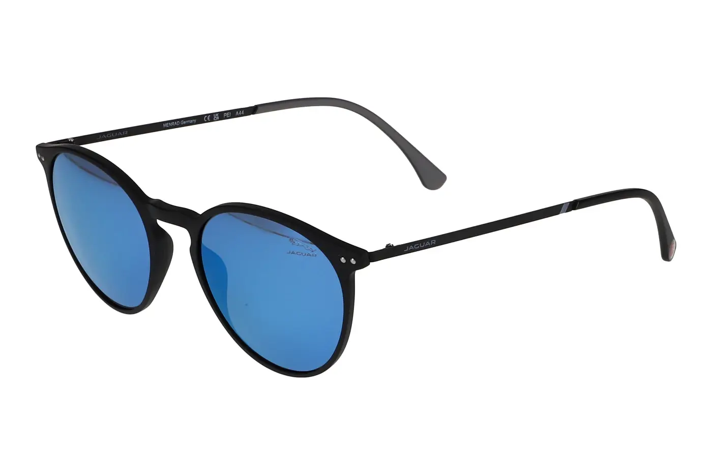 Black-framed sunglasses with blue mirrored lenses and Jaguar branding on the temples.