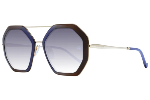 Pair of octagonal sunglasses with blue-to-clear gradient lenses and a gold-toned frame; Ana Hickmann branding on the temple.