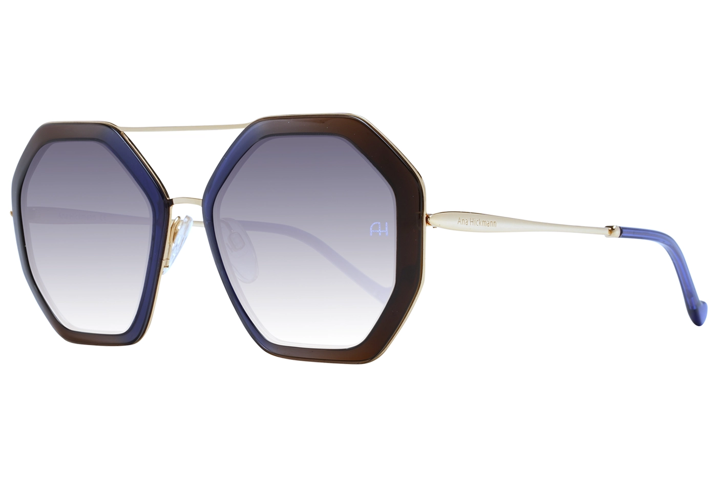 Pair of octagonal sunglasses with blue-to-clear gradient lenses and a gold-toned frame; Ana Hickmann branding on the temple.
