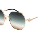 Rose-gold sunglasses with gradient lenses and black temple tips, angled to show frame detail.