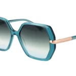 Teal oversized sunglasses with gradient lenses and rose-gold temples.