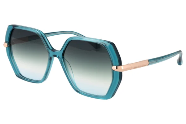 Teal oversized sunglasses with gradient lenses and rose-gold temples.