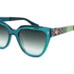 Teal oversized sunglasses with gradient lenses and gold patterned temples for a stylish, chunky frame look.
