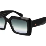 Large black square sunglasses with gradient blue-to-white lenses; logo on the temple visible on the arm