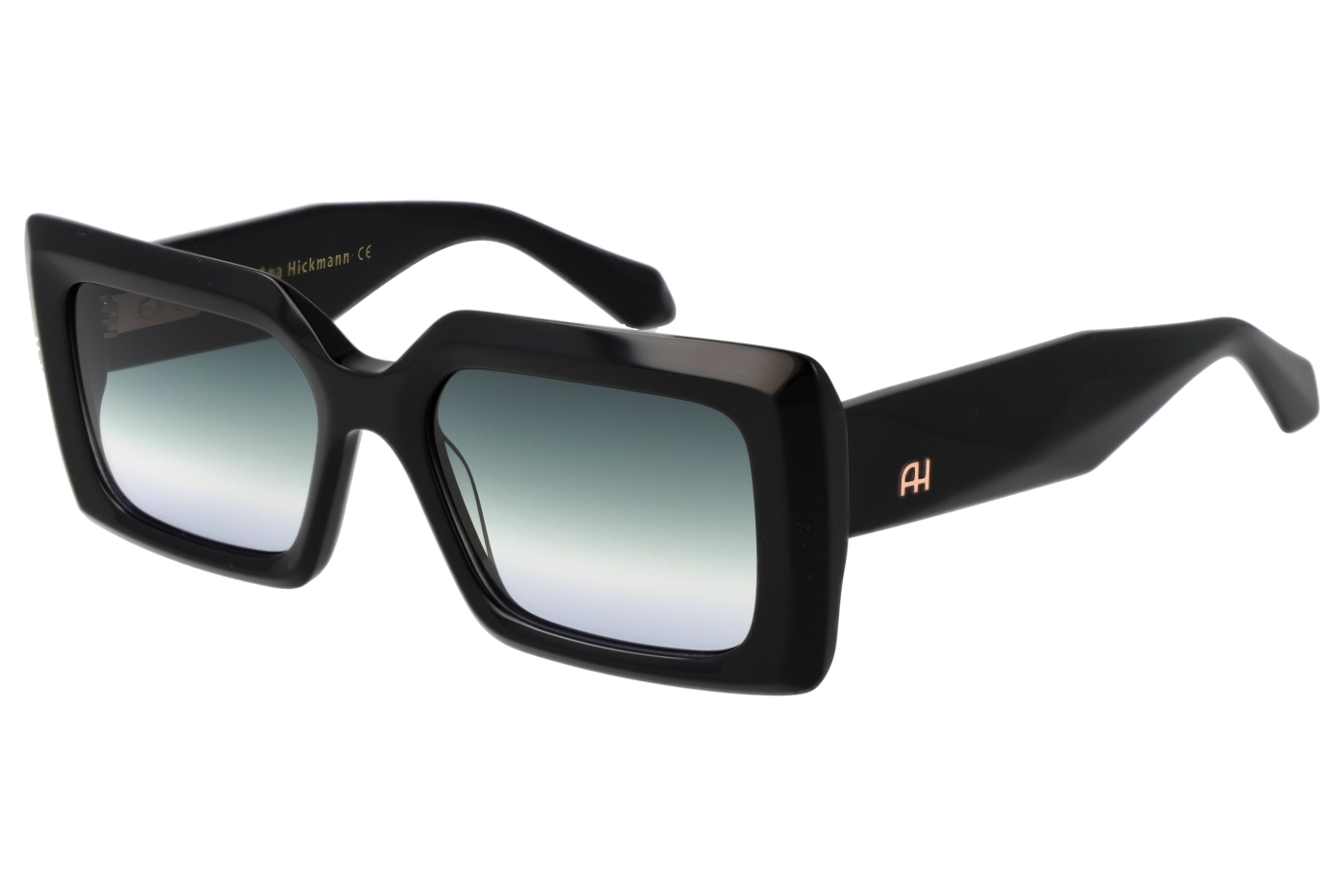Large black square sunglasses with gradient blue-to-white lenses; logo on the temple visible on the arm