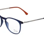Blue eyeglasses with rounded frames and metal temples, Jaguar branding on the arms—brand-name eyewear.