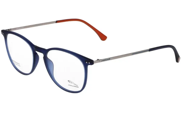 Blue eyeglasses with rounded frames and metal temples, Jaguar branding on the arms—brand-name eyewear.