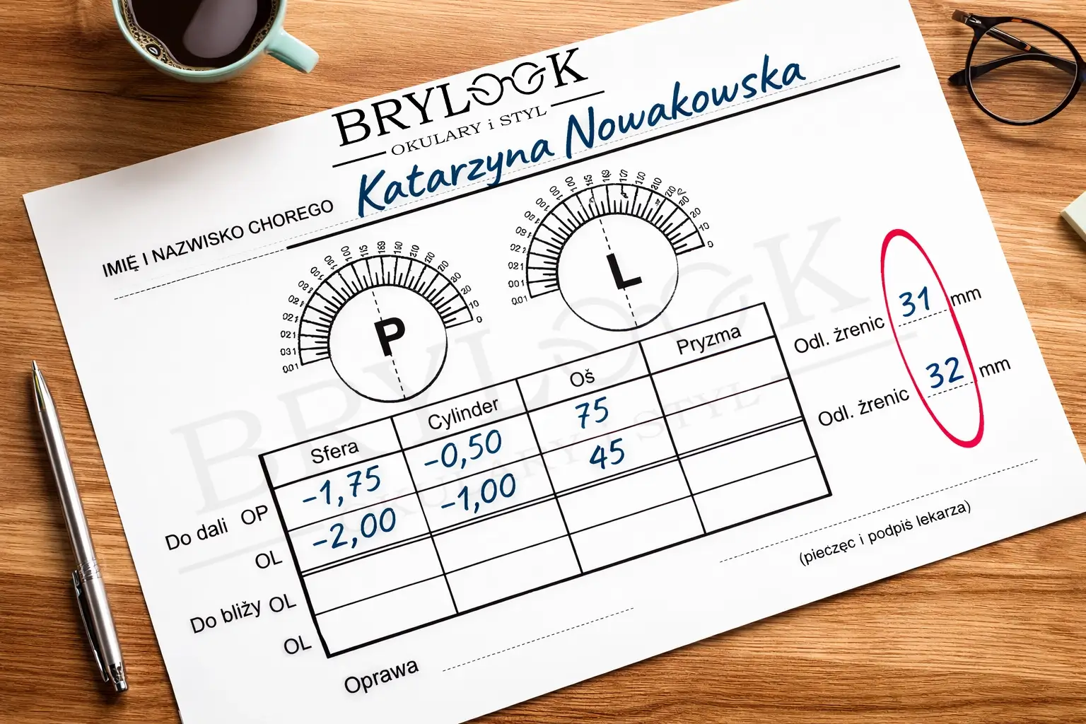 Zdjęcie przedstawia receptę na okulary z zapisami parametrów i szkłami