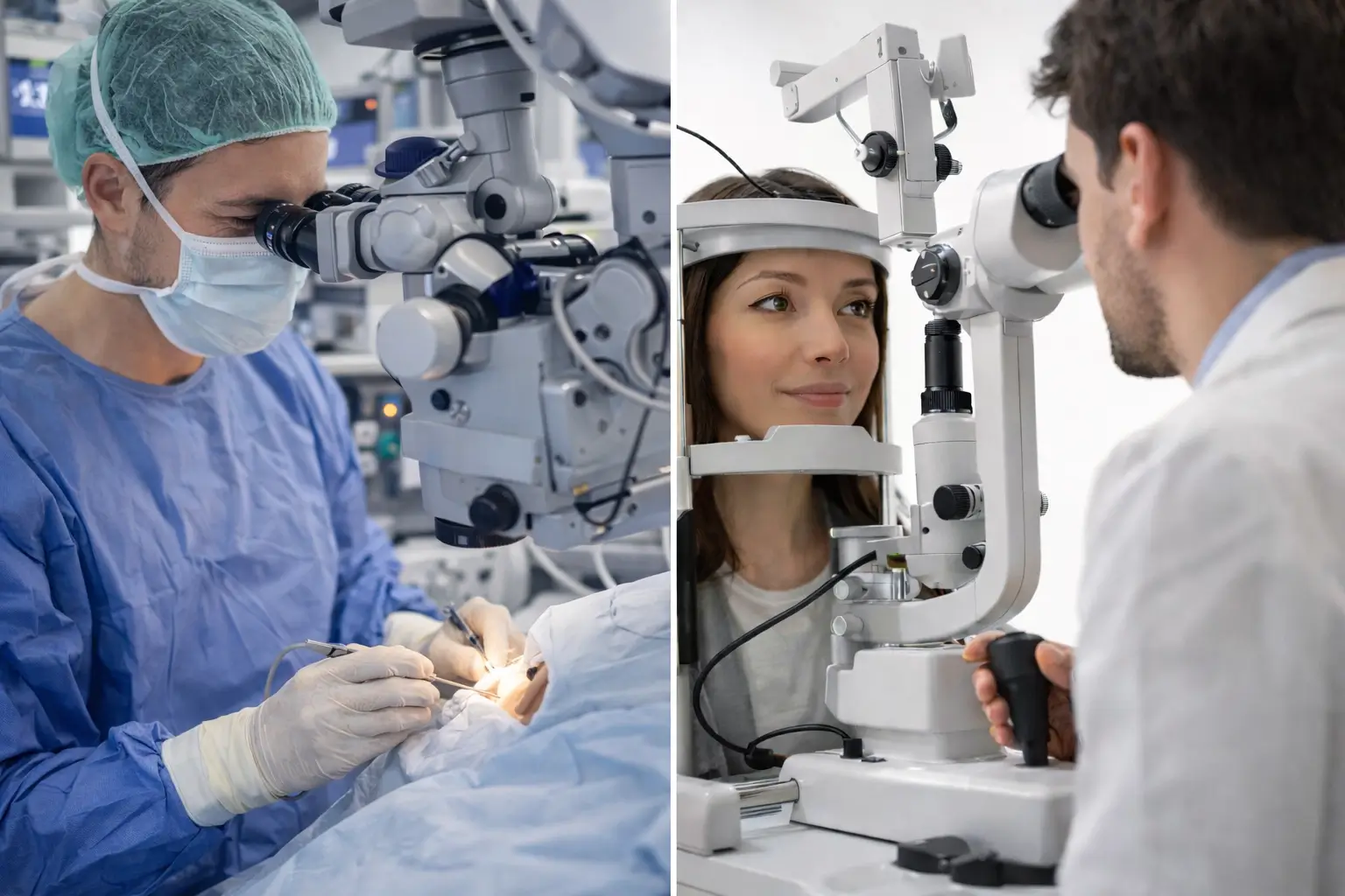 Lekarz wykonujący badanie wzroku z użyciem mikroskopu okulistycznego