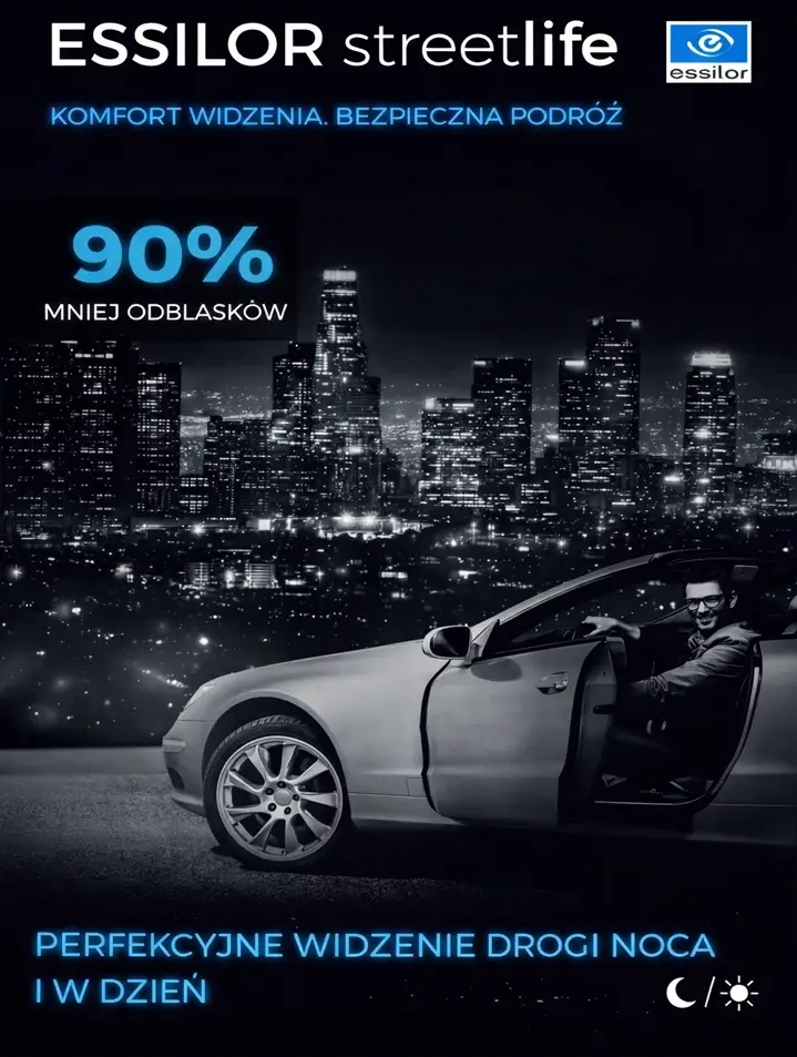 Obraz przedstawia mężczyznę w okularach siedzącego w samochodzie na tle miejskiej panoramy nocą