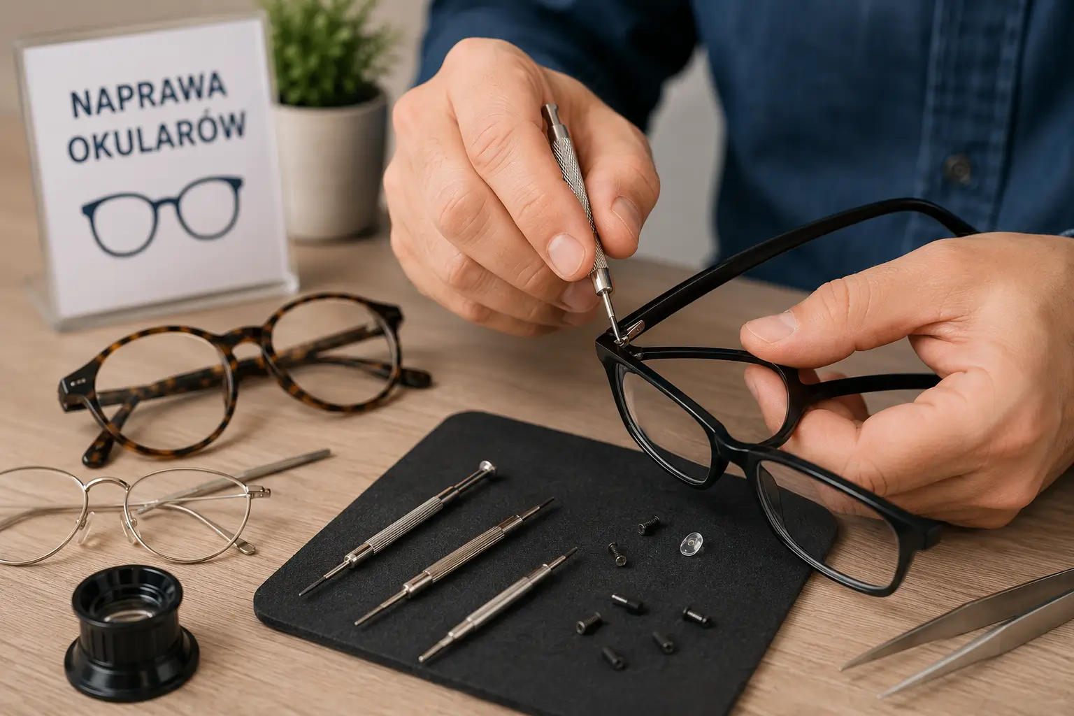 Technician repairs eyeglasses at a workbench with precision tools and spare parts on a black mat. Sign reads 'Naprawa okularów' (eyeglass repair). I