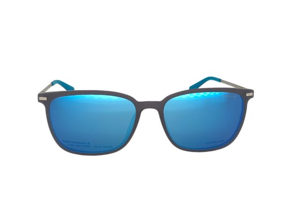 Blue mirrored sunglasses with dark frames on a white background, lens reflections visible.