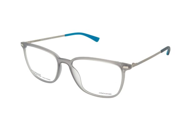 Clear, semi-rimless eyeglasses with translucent frame and blue temple tips (Jaguar branding)