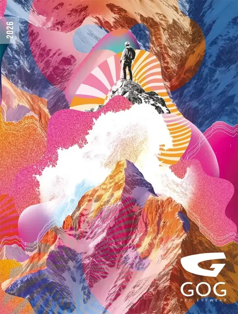 Climber on a snowy peak surrounded by vibrant abstract shapes, with the GOG Pro Eyewear logo in the bottom right.