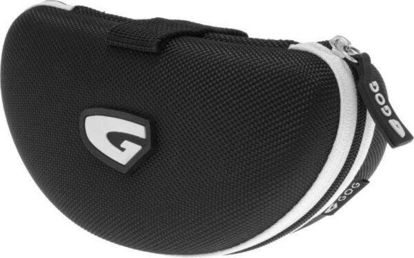 Black rounded glasses case with a zip closure and a white shield-style G logo on the front.