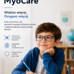 ZEISS MyoCare ad poster with a smiling boy wearing glasses at a desk, promoting better vision and healthy eye development for kids.
