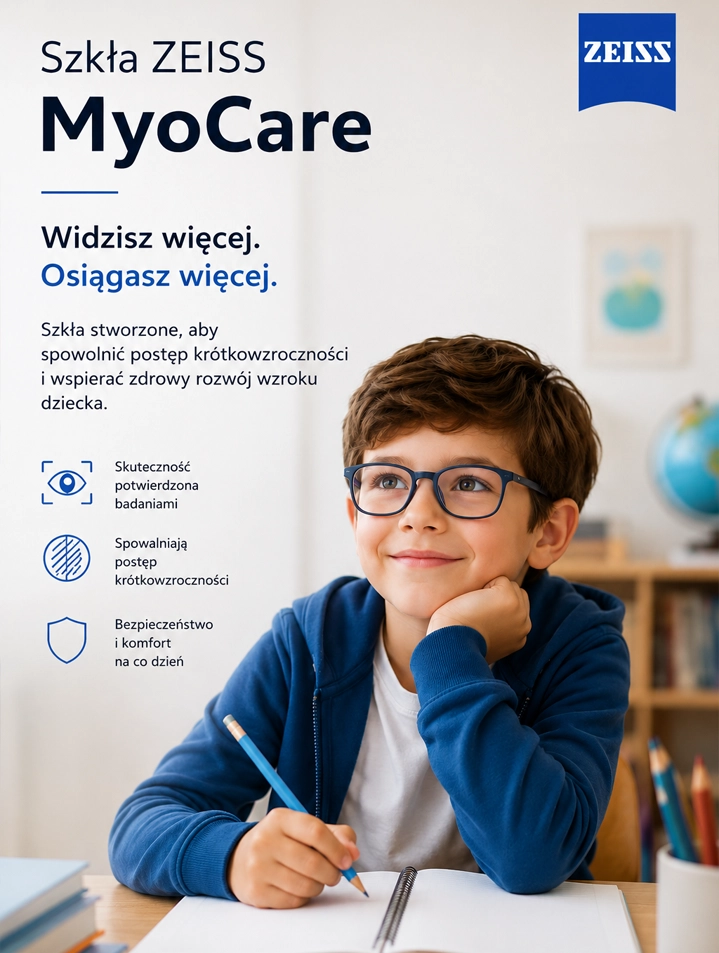 ZEISS MyoCare ad poster with a smiling boy wearing glasses at a desk, promoting better vision and healthy eye development for kids.