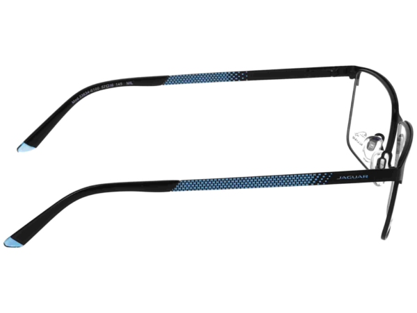 Black eyeglasses with blue patterned temples and light blue tips, side view showing brand logo on temple edge (Jaguar)