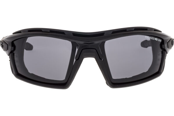 Black wraparound sports sunglasses with gray polarized lenses and a bold frame. The right lens shows 'POLARIZED LENS' text.