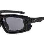 Black sport sunglasses with polarized gray lenses and a wraparound frame, branded GOG on the temple
