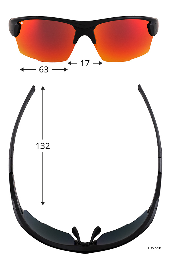 Wraparound sport sunglasses with black frame and orange mirrored lenses; dimensions shown: lens width 63 mm, bridge 17 mm, frame height 132 mm.