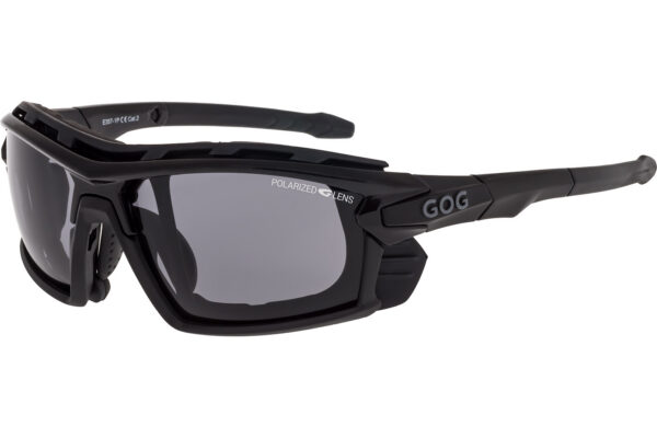 Black sport sunglasses with polarized gray lenses and a wraparound frame, branded GOG on the temple