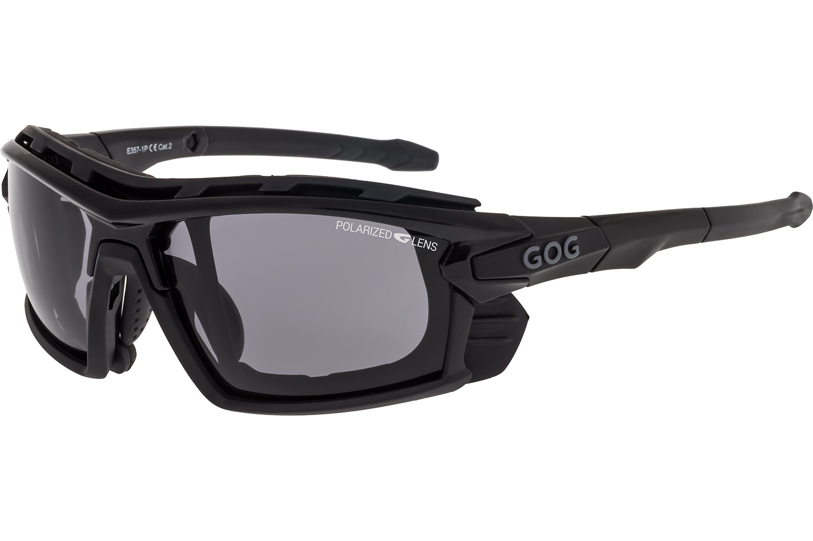 Black sport sunglasses with polarized gray lenses and a wraparound frame, branded GOG on the temple