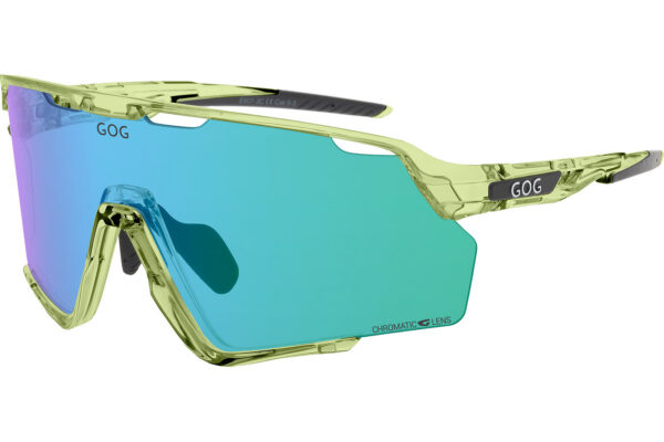 lime-green sport sunglasses with blue mirrored lenses and 'GOG' branding on the side (informational product shot)