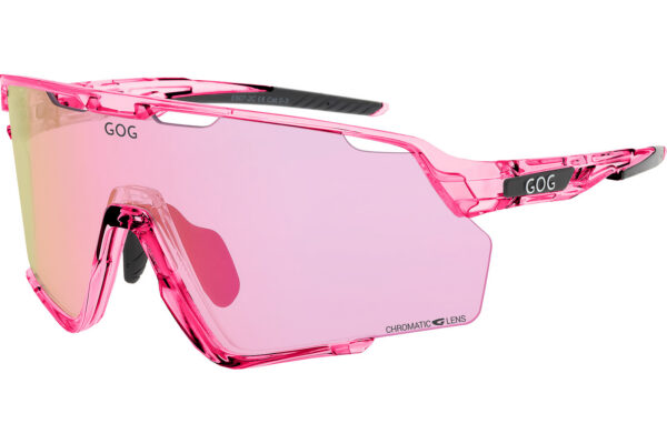 Pink transparent sports sunglasses with mirrored pink-yellow lenses and GOG branding on the temple edge.