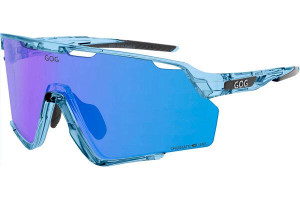 Blue mirrored sports sunglasses with a translucent blue frame and purple-blue gradient lenses, labeled GOG on the temple and lens area.