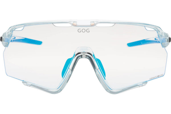 Clear wraparound safety goggles with light blue nose pads and temples, viewed head-on.