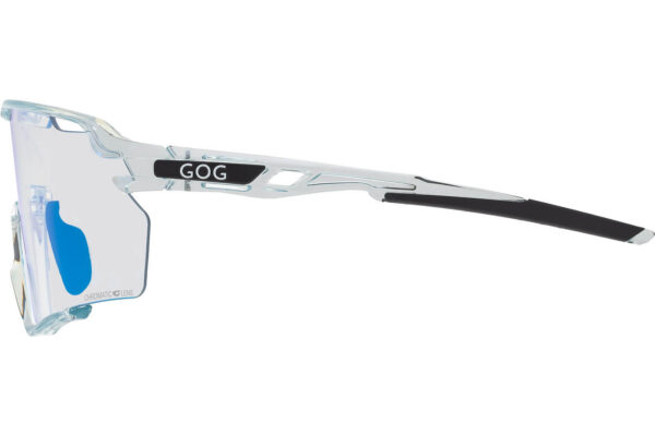 Side view of clear safety glasses with blue-tinted lenses and a GOG logo on the temple.