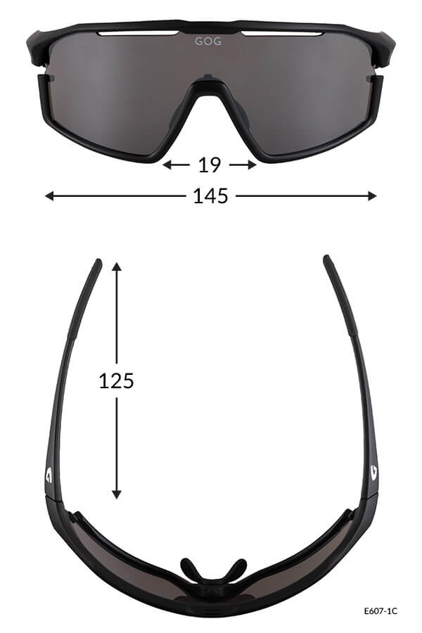 Black wraparound sport sunglasses with mirrored lenses; lens width 145 mm, bridge 19 mm, temple length 125 mm.
