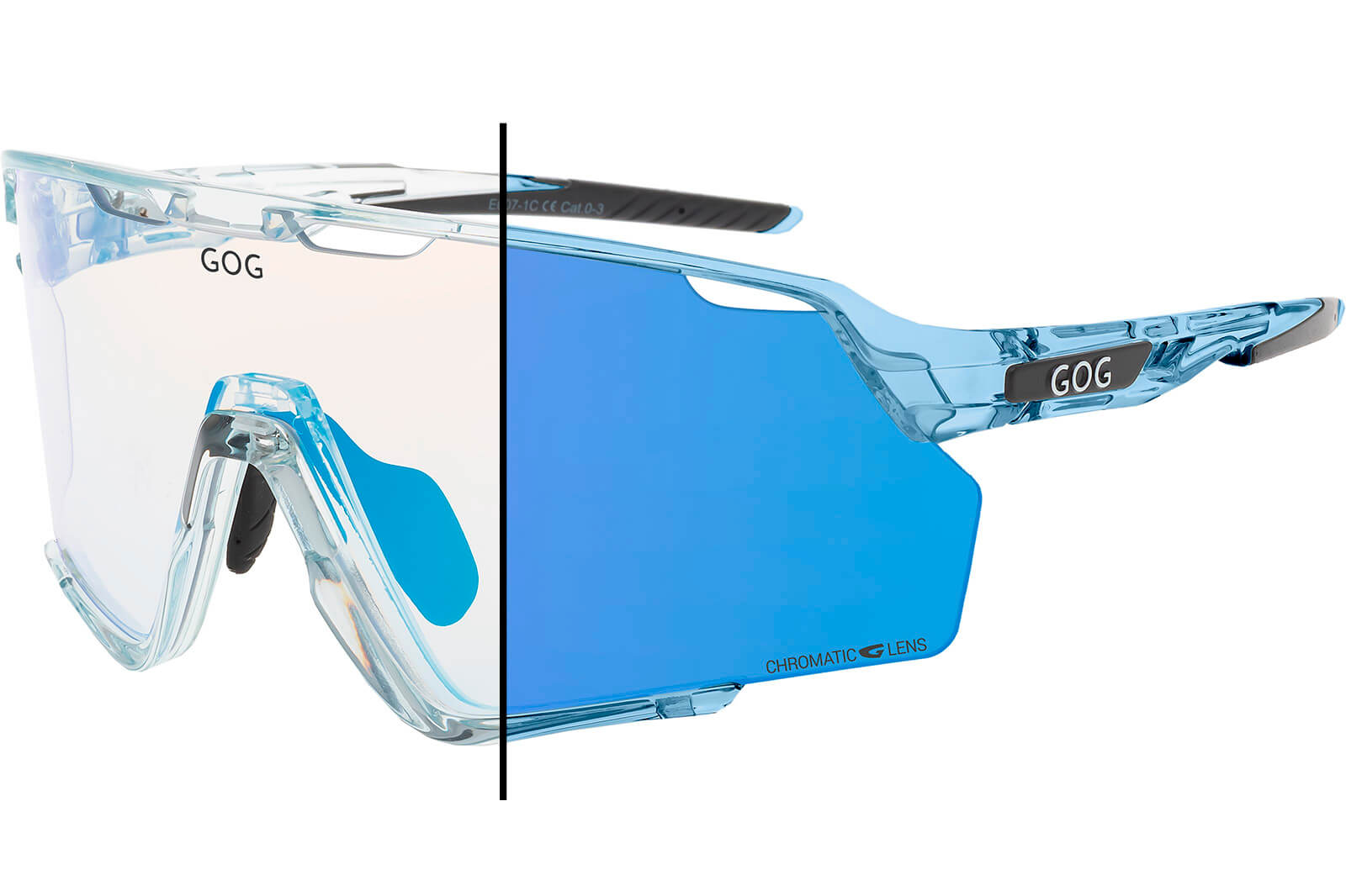 GOG safety glasses with a clear left lens and blue mirrored right lens, divided by a vertical line.