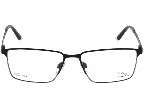 Close-up of black frame eyeglasses from Jaguar Spirit Collection with blue nose pads visible at the top edge.