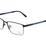 Black rectangular eyeglass frame with blue patterned temples and Jaguar branding on the lenses and arms.
