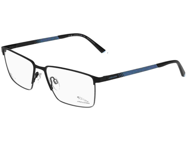 Black rectangular eyeglass frame with blue patterned temples and Jaguar branding on the lenses and arms.