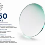 Reklama na soczewki kontaktowe American Lens 1.50 z opisem cech (Podstawowa soczewka, Powłoka HMC, Ochrona UV, Lekkie i wytrzymałe).