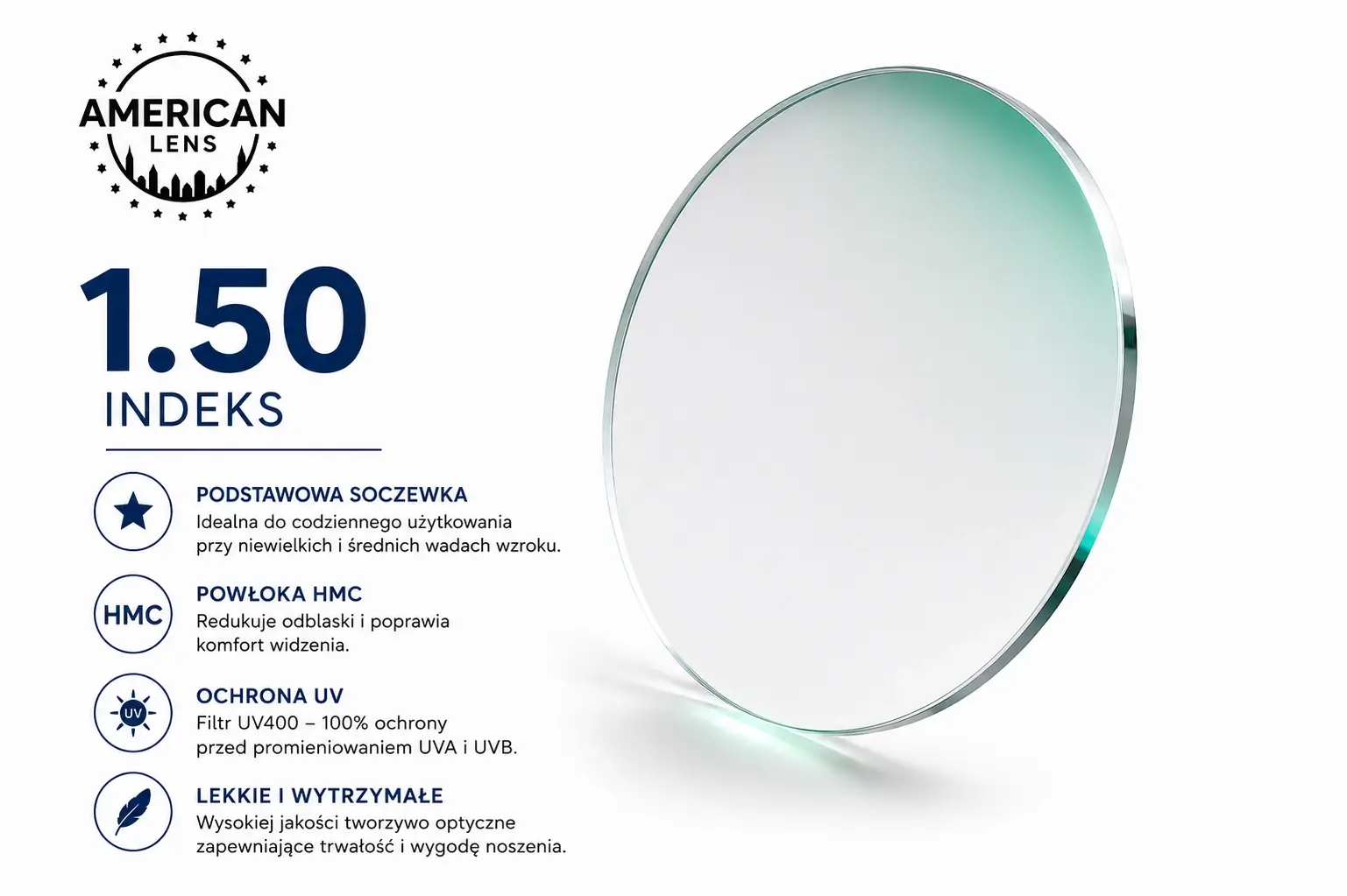 Reklama na soczewki kontaktowe American Lens 1.50 z opisem cech (Podstawowa soczewka, Powłoka HMC, Ochrona UV, Lekkie i wytrzymałe).