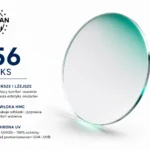 American Lens logo with '1.56 indeks' and three feature icons: thinner and lighter wearing comfort, HMC coating, UV protection (Polish text shown).