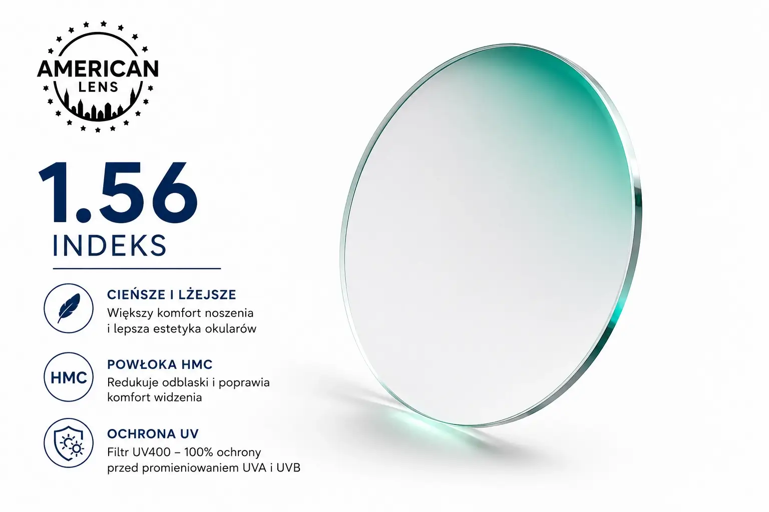 American Lens logo with '1.56 indeks' and three feature icons: thinner and lighter wearing comfort, HMC coating, UV protection (Polish text shown).