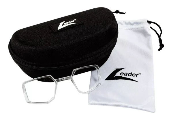 Clear square-framed glasses sit in front of a black zippered case and a white drawstring pouch with the Leader logo.