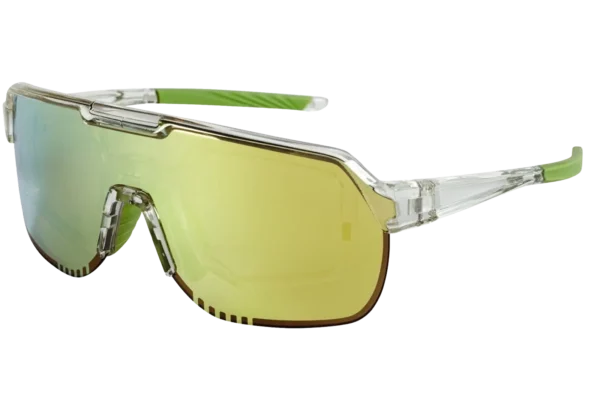 Sport sunglasses with transparent frame and neon-green temple tips, yellow mirrored lenses