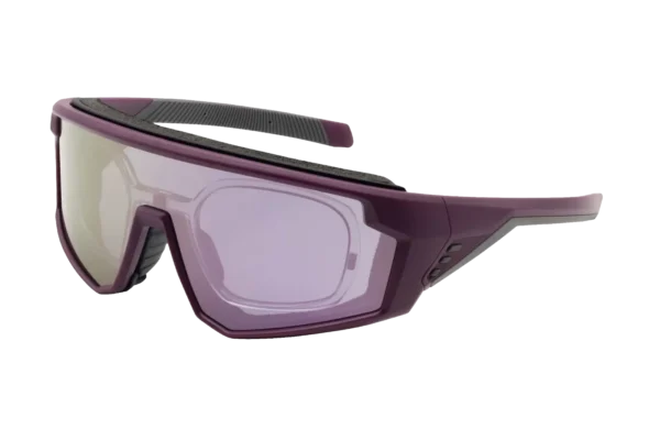 Purple protective safety goggles with tinted lenses, side-view showing wraparound frame.